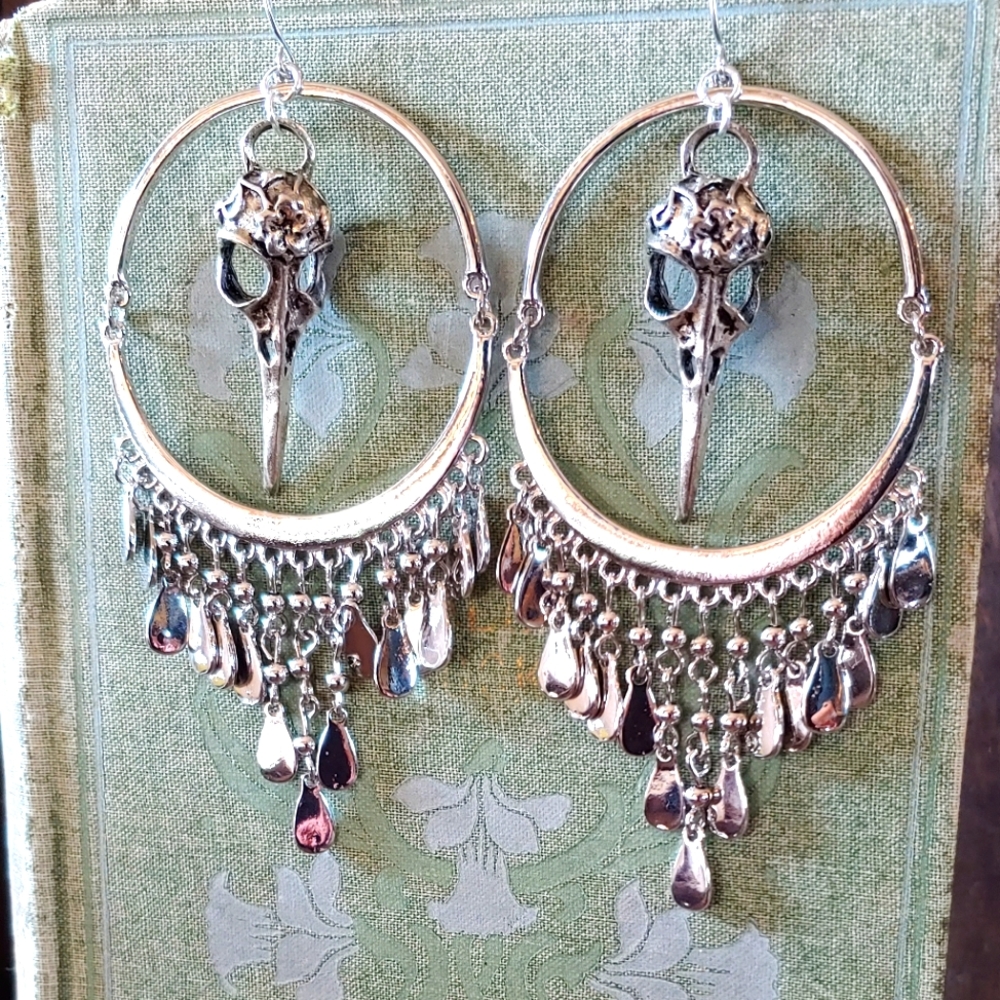 Witchy Crow/Raven Skull Hoop Earrings